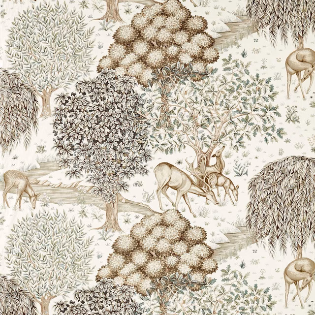 Sage and linen woodland scene with deer, layered trees and delicate foliage