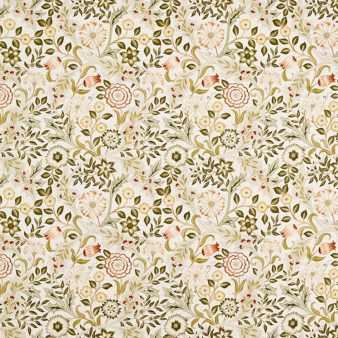 Cream botanical fabric with russet flowers and dense leaf-green curling foliage