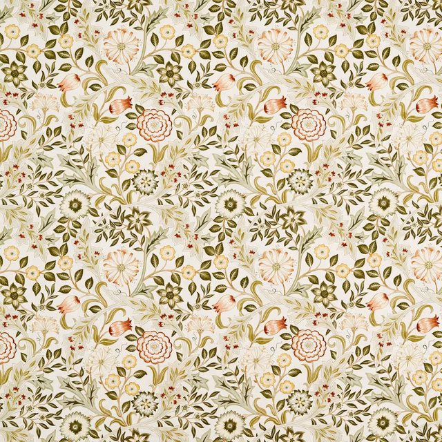 Cream botanical fabric with russet flowers and dense leaf-green curling foliage