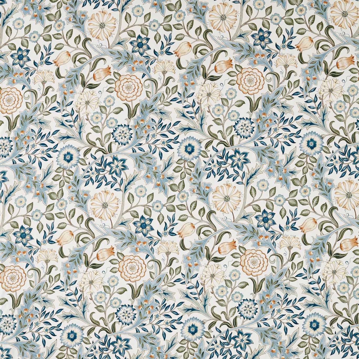 Dense floral vines in soft blue, peach, cream and muted green on fabric