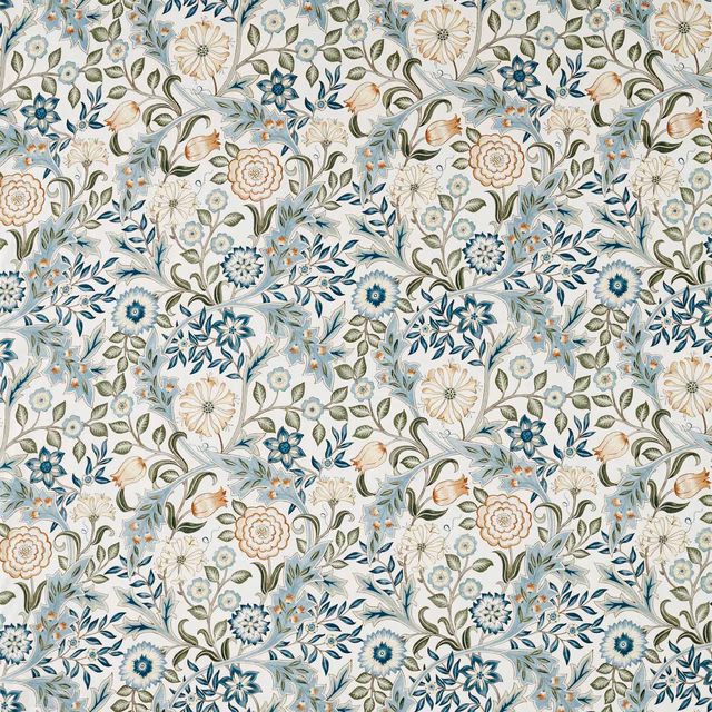 Dense floral vines in soft blue, peach, cream and muted green on fabric