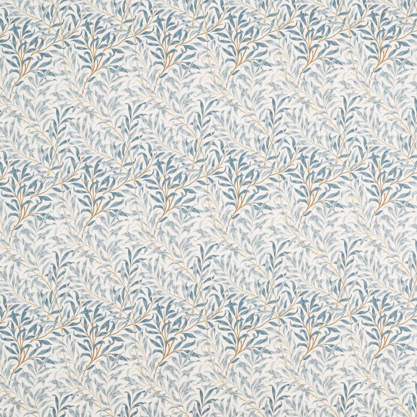 Mineral blue willow branches with tan stems across a pale botanical textile ground
