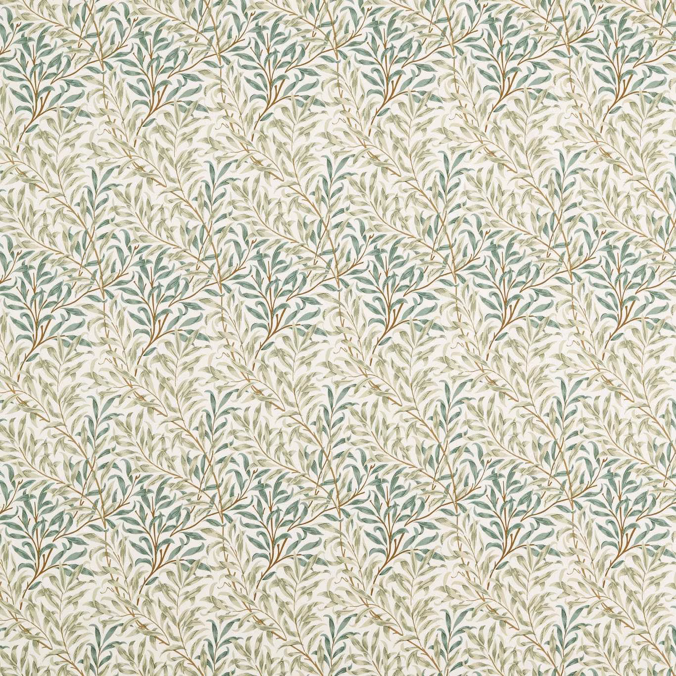 Soft teal and mint leafy branches on a pale cream botanical fabric ground