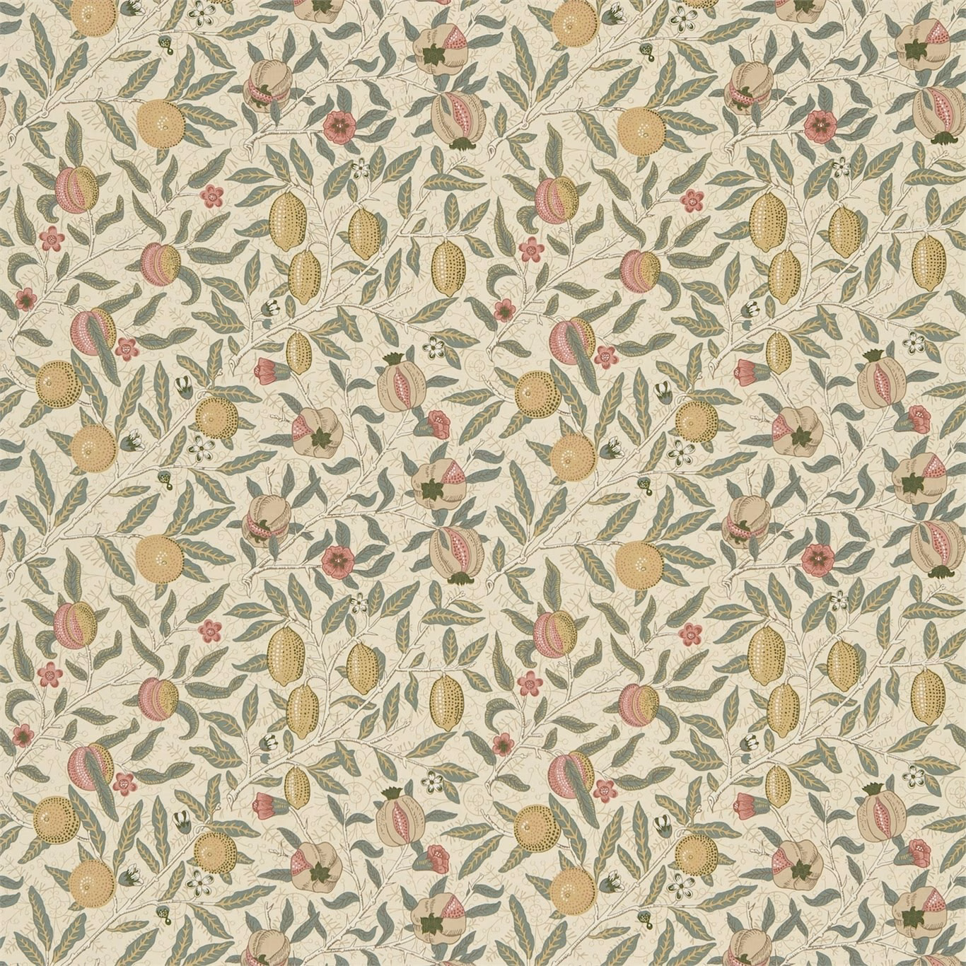 Ivory botanical textile with teal leaves, ochre fruits and muted coral flowers