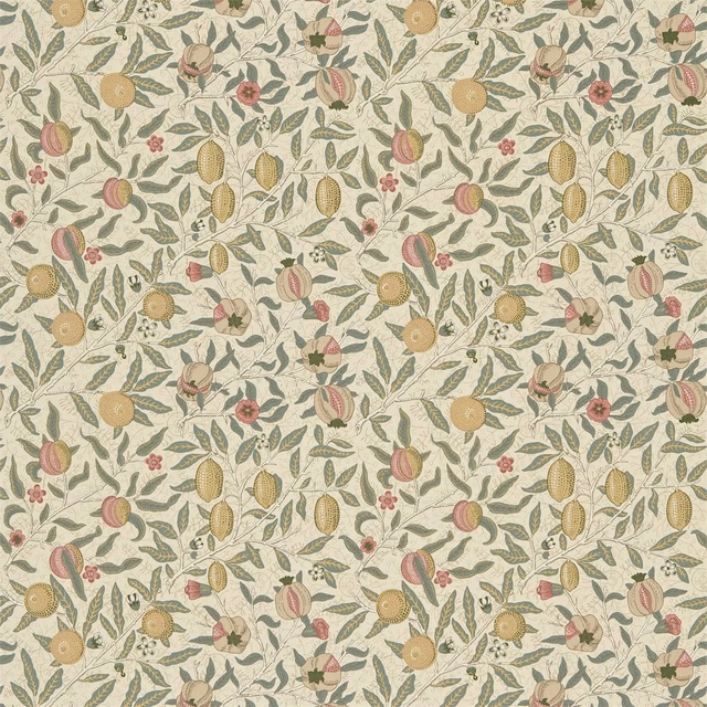Ivory botanical textile with teal leaves, ochre fruits and muted coral flowers