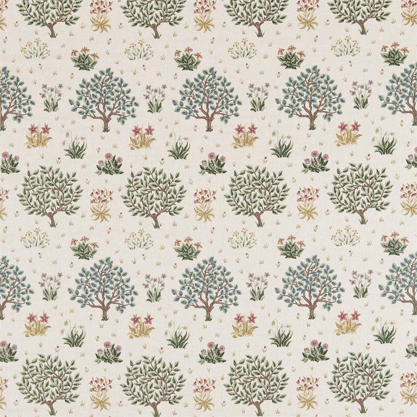 Cream botanical fabric with sage trees, blush flowers and ochre sprigs