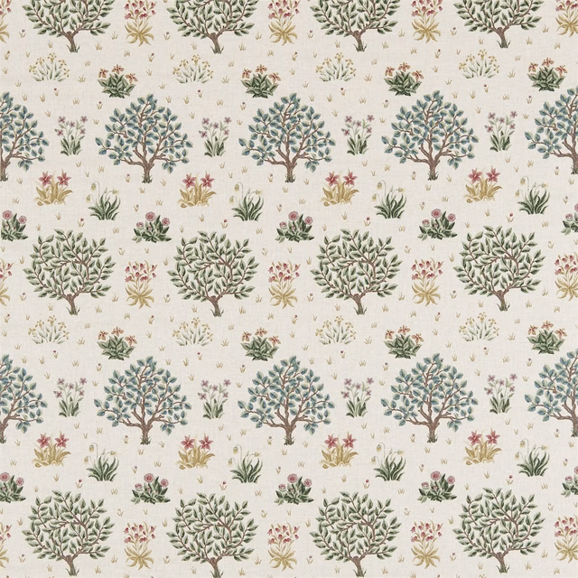 Cream botanical fabric with sage trees, blush flowers and ochre sprigs