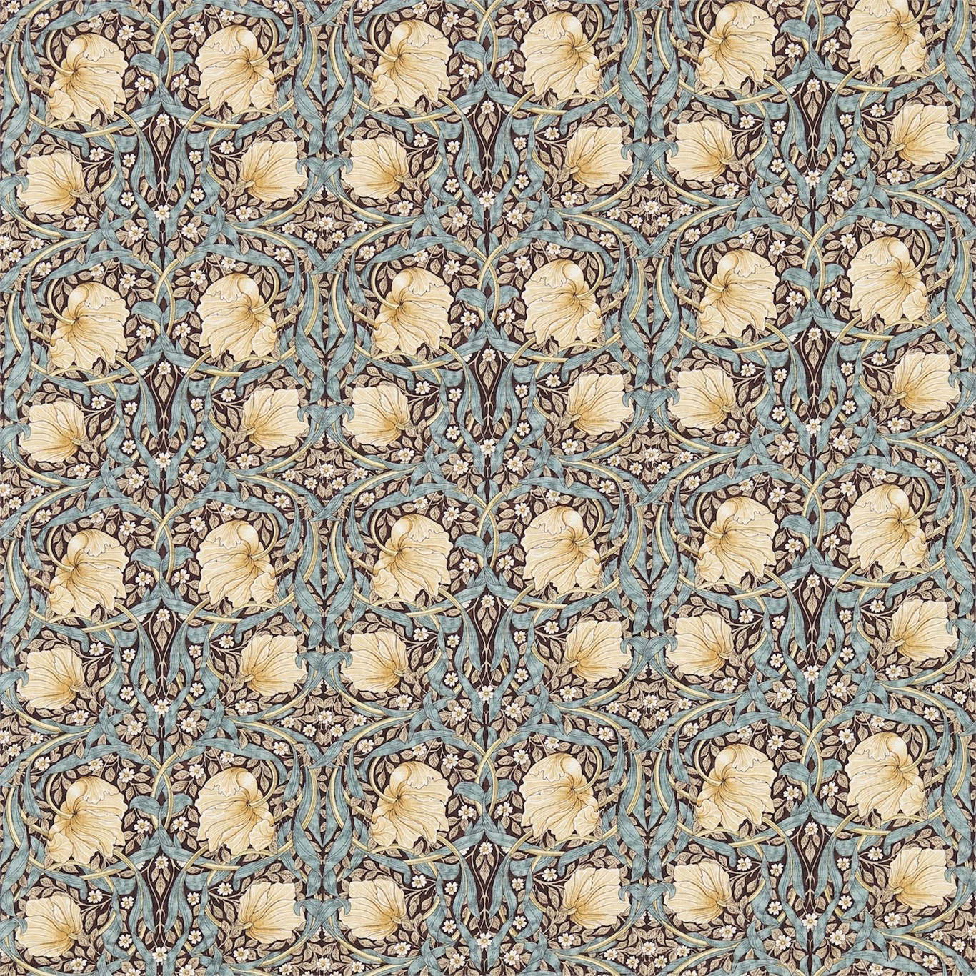 Muted slate-teal fabric with cream flowers, curling vines and dark botanical outlines