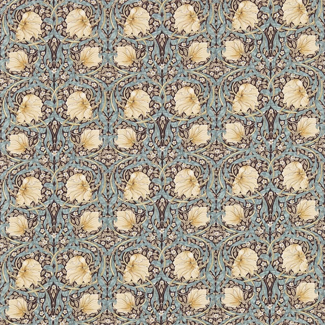 Muted slate-teal fabric with cream flowers, curling vines and dark botanical outlines