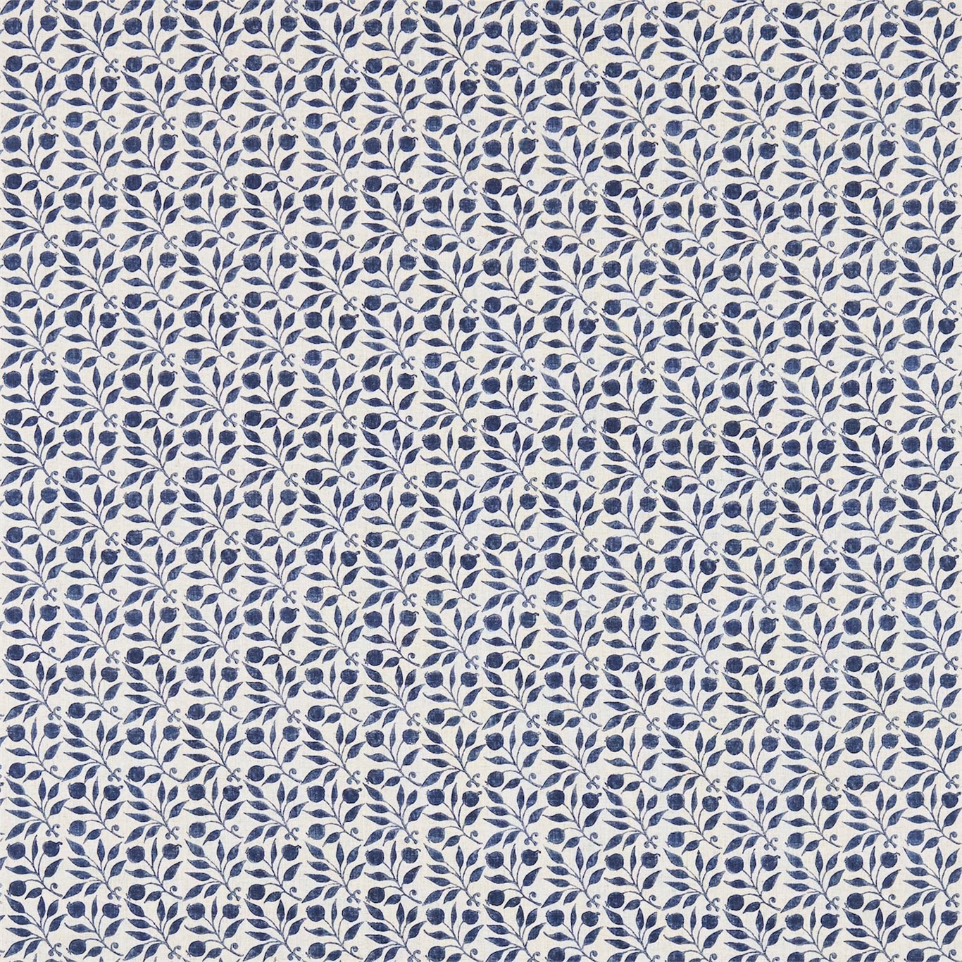 Indigo leafy sprigs and berry-like buds repeating over a warm cream textile ground