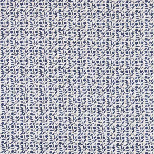Indigo leafy sprigs and berry-like buds repeating over a warm cream textile ground