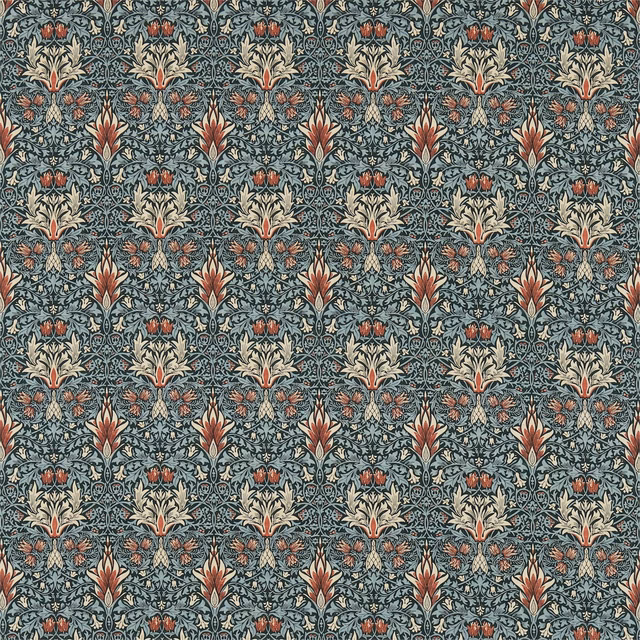 Blue-grey fabric with russet flowers, cream blooms and dense scrolling foliage