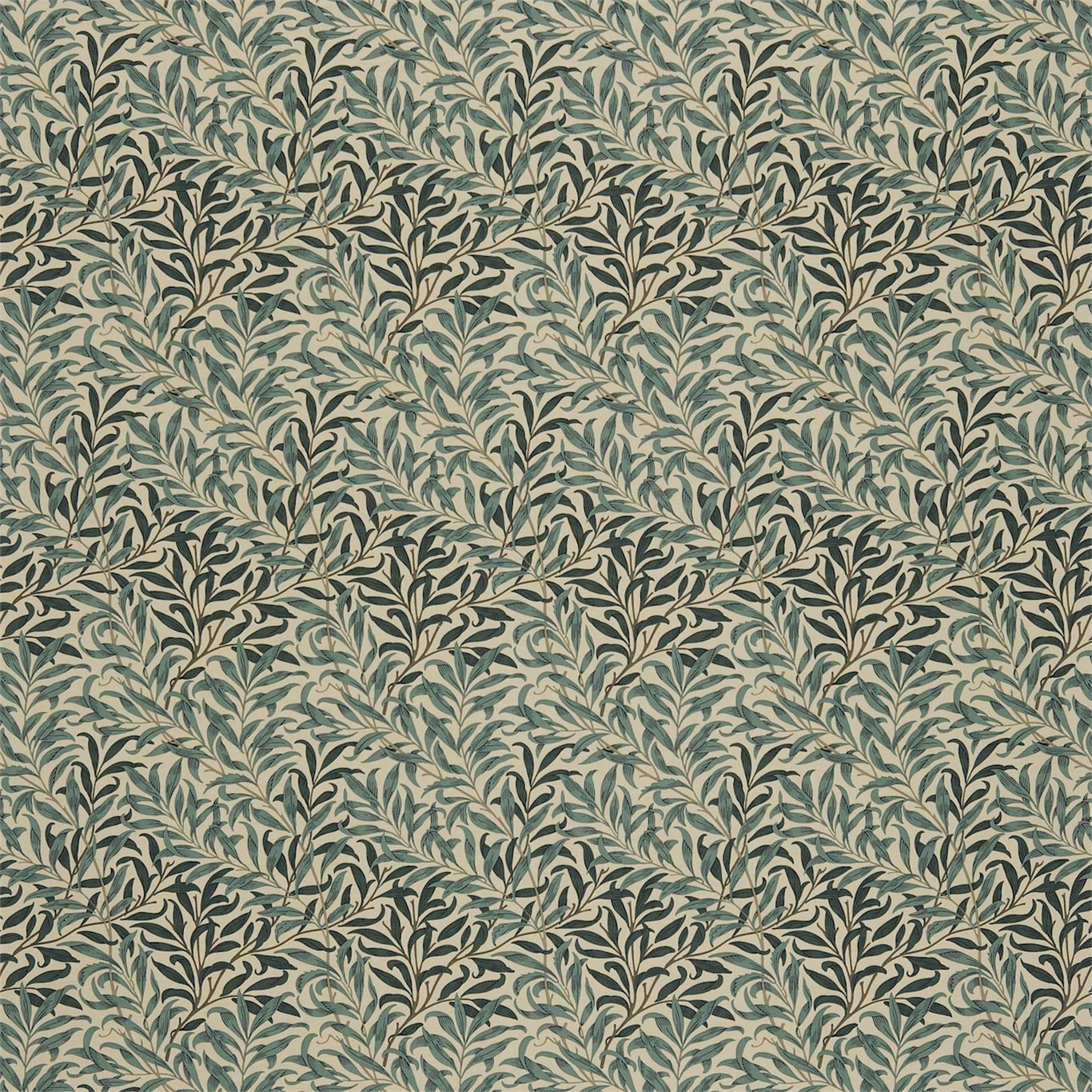 Muted green willow leaves and dark stems across a warm taupe ground