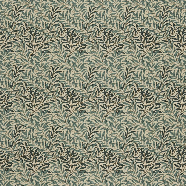 Muted green willow leaves and dark stems across a warm taupe ground
