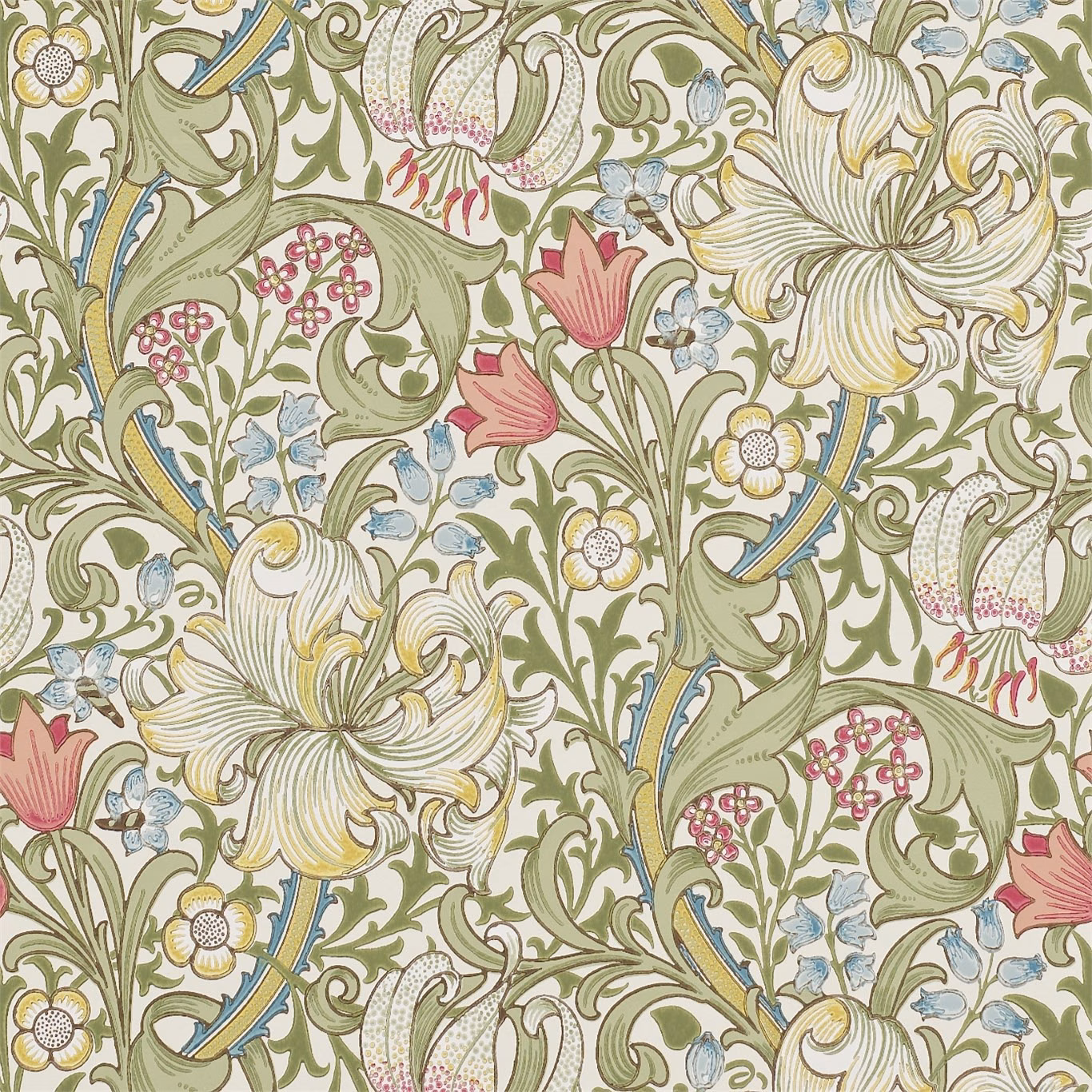 Sage-green scrolling foliage with coral lilies, blue details and cream flowers