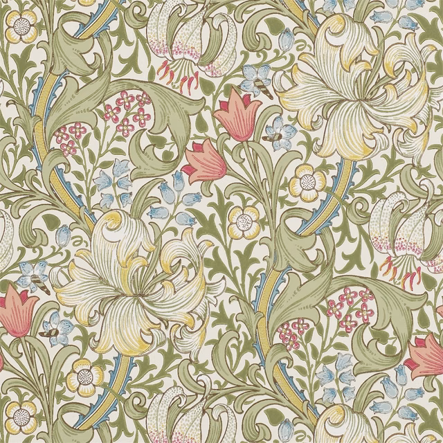 Sage-green scrolling foliage with coral lilies, blue details and cream flowers