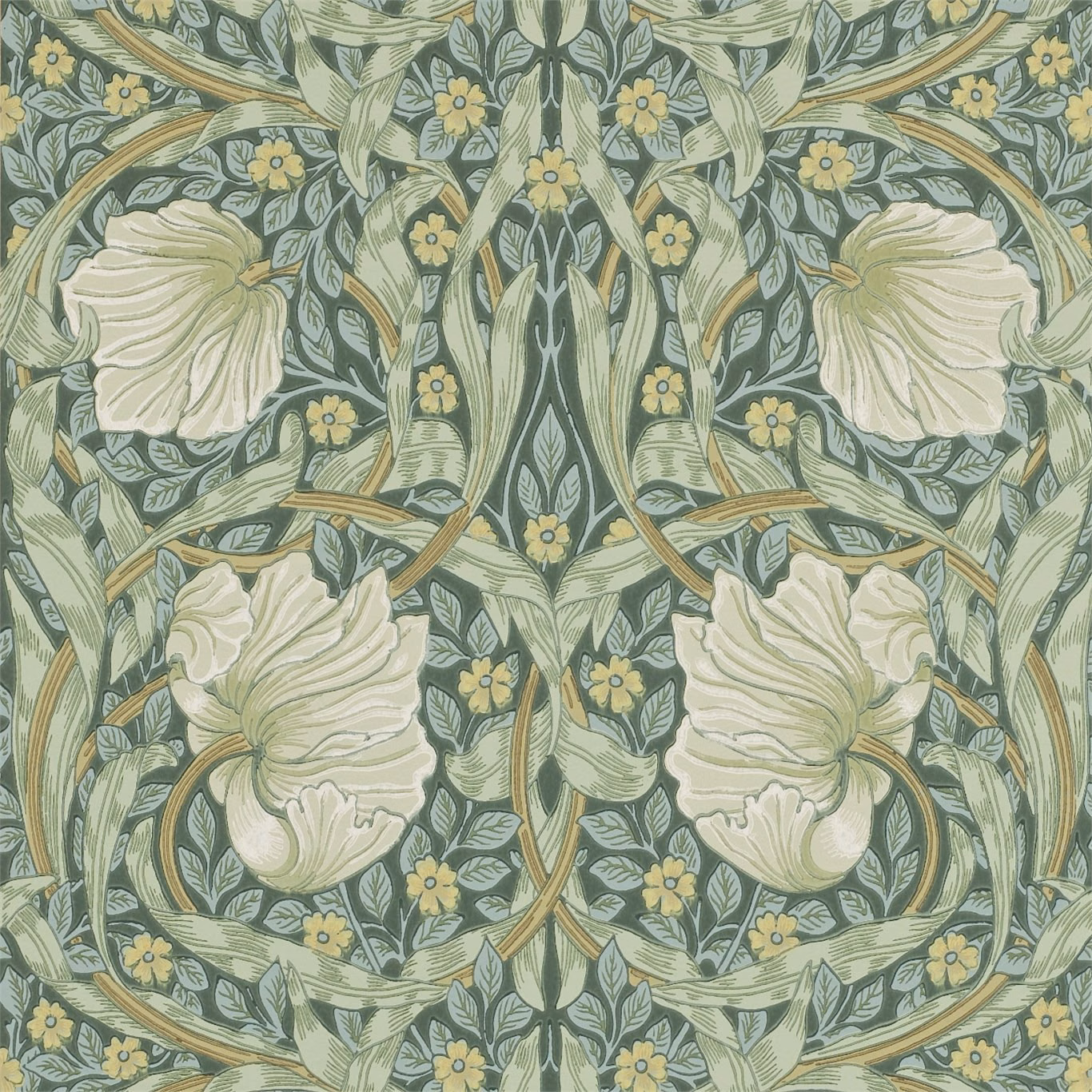 Slate blue-green floral wallpaper with cream blooms, sage leaves and ochre scrolling stems