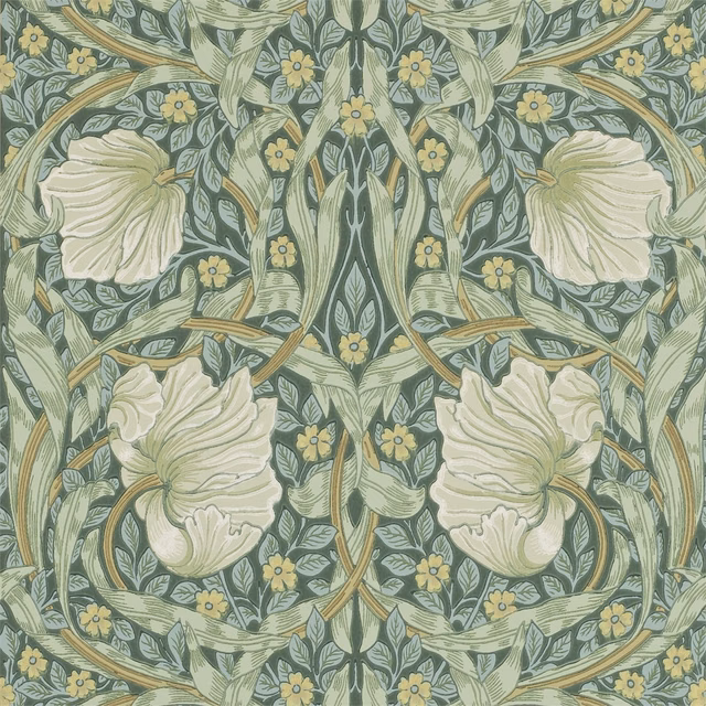 Slate blue-green floral wallpaper with cream blooms, sage leaves and ochre scrolling stems