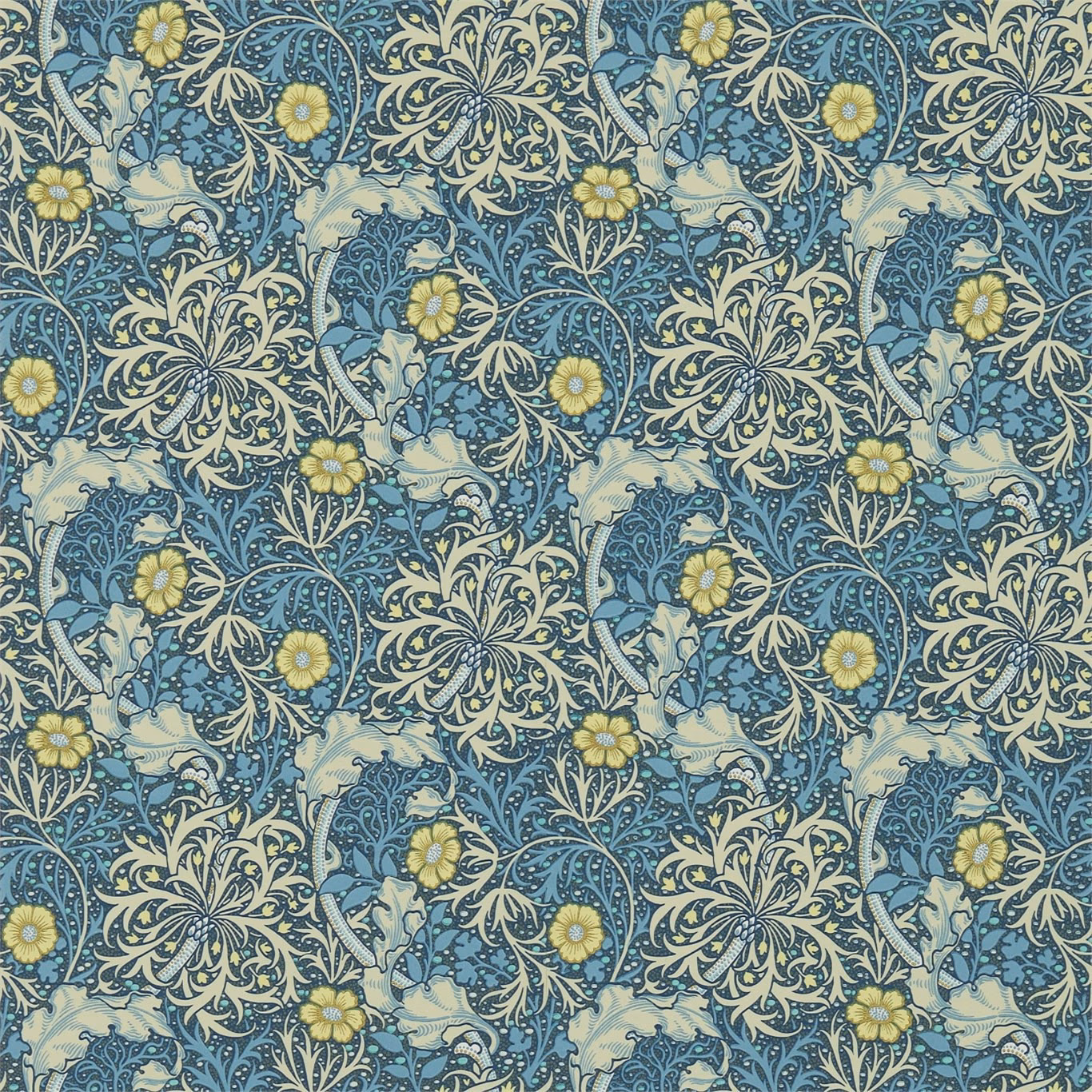 Blue-green botanical wallpaper with pale birds, cream foliage and mustard flowers