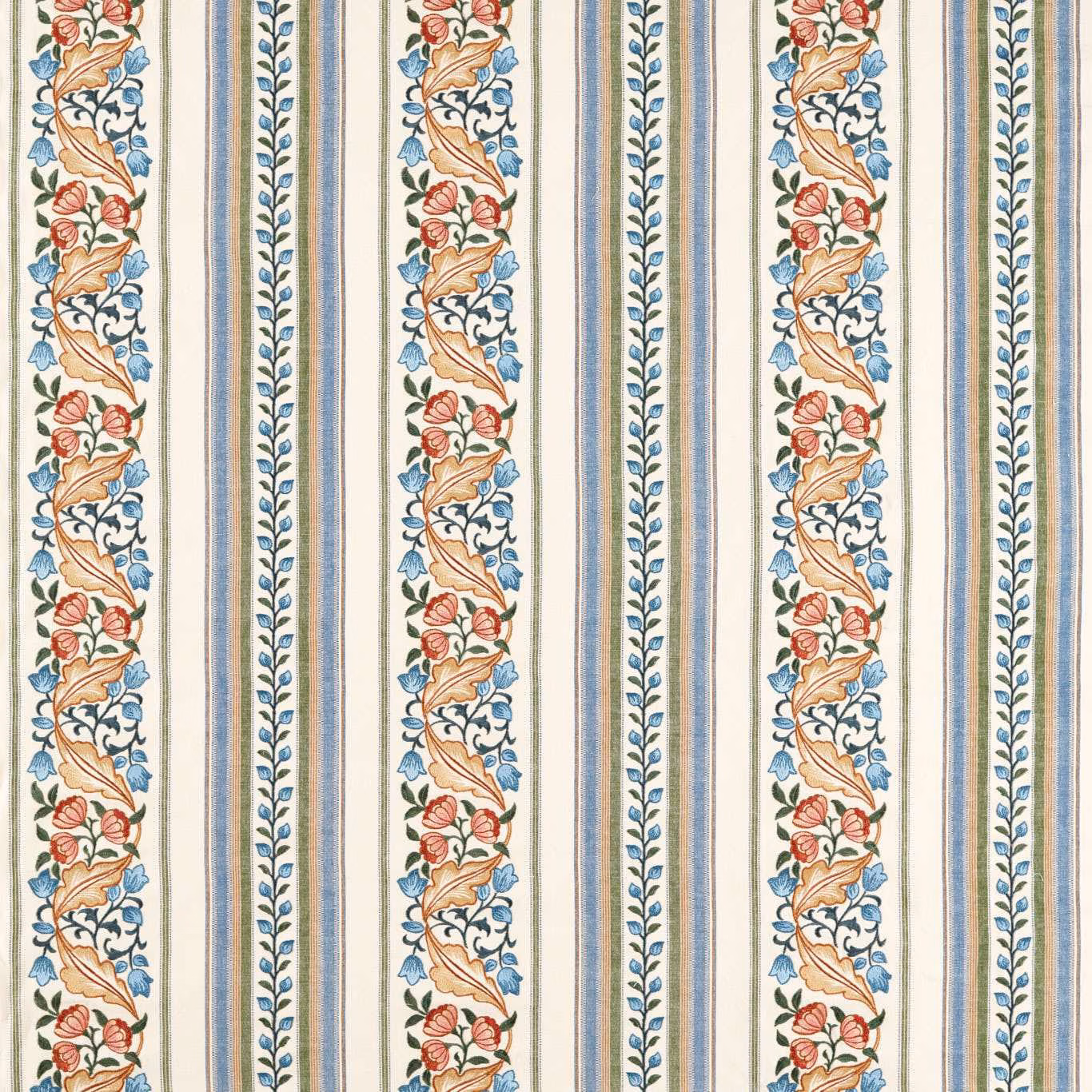 Cream striped embroidery with blue sprigs, red roses and peach scrolling leaves