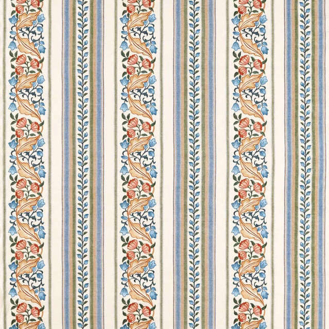 Cream striped embroidery with blue sprigs, red roses and peach scrolling leaves