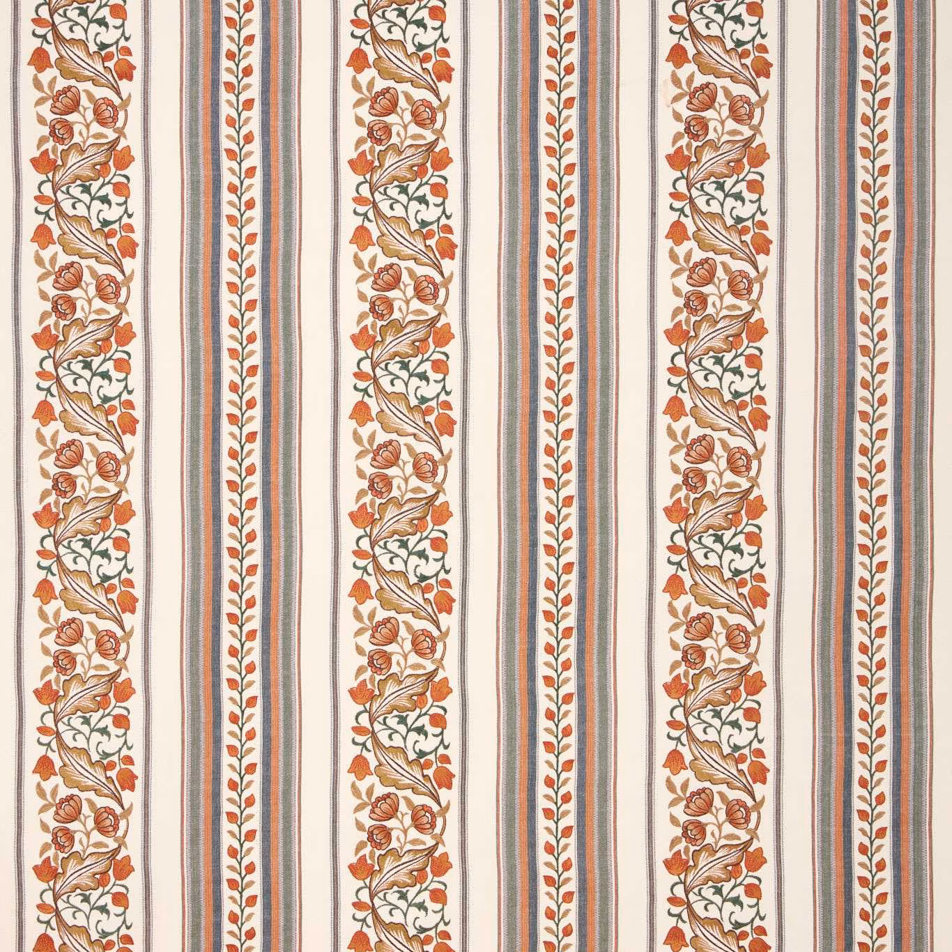 Ivory striped fabric with russet floral bands, forest leaves and narrow blue-grey lines