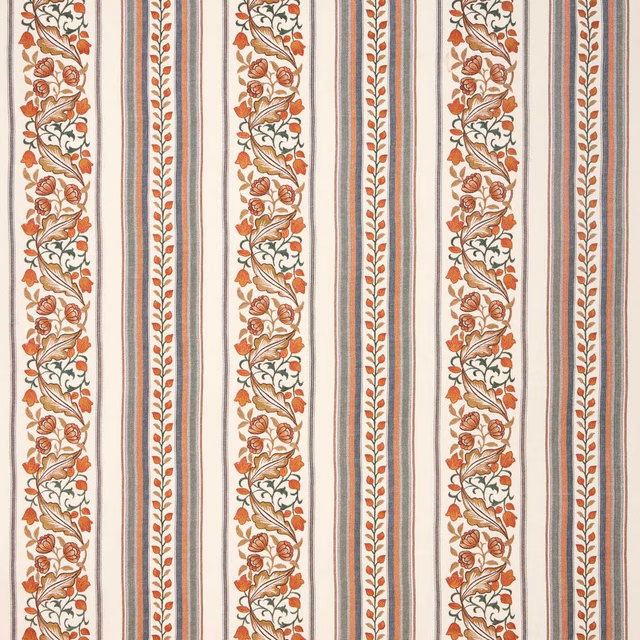 Ivory striped fabric with russet floral bands, forest leaves and narrow blue-grey lines