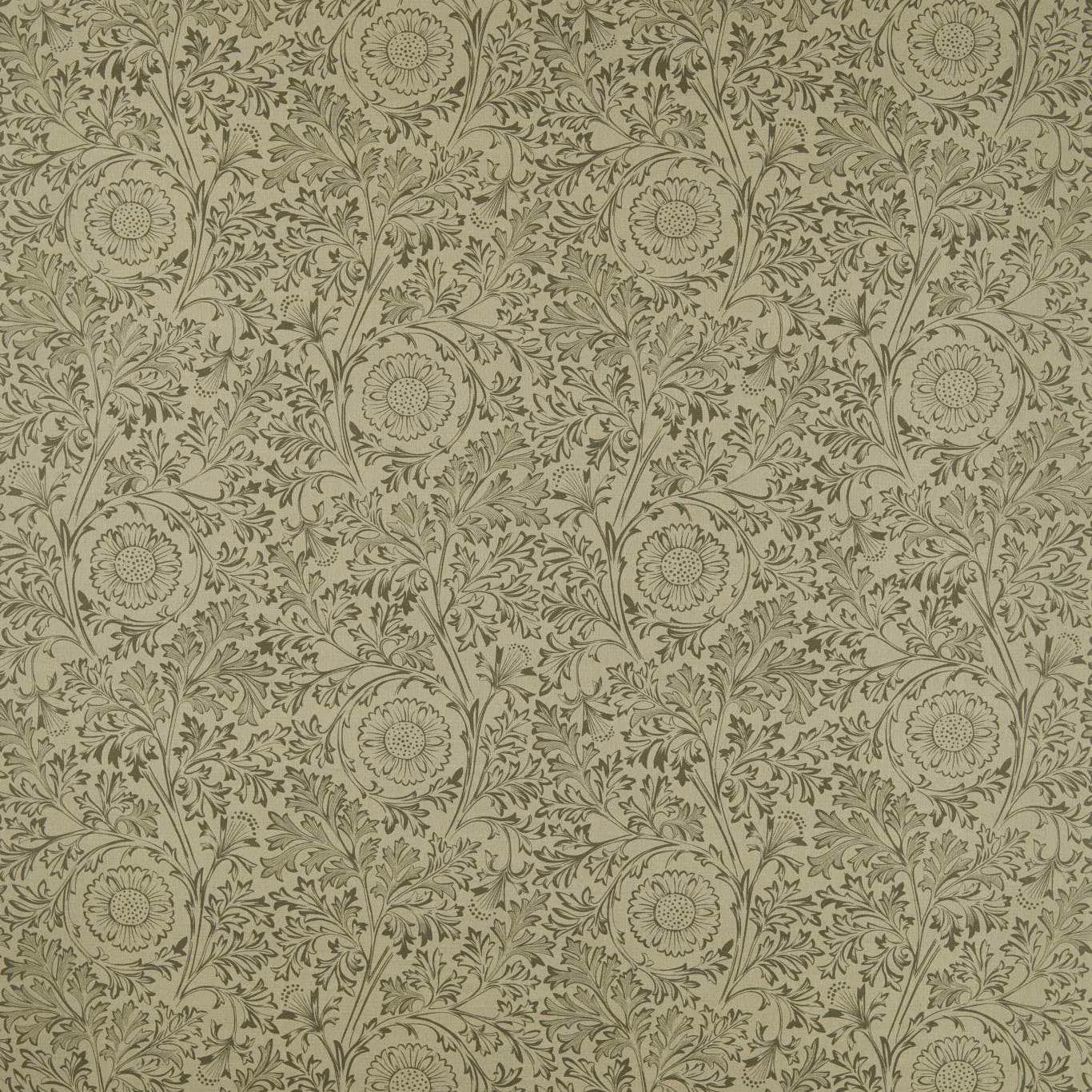 Muted olive botanical flowers and curling leaves on a chamomile beige fabric ground