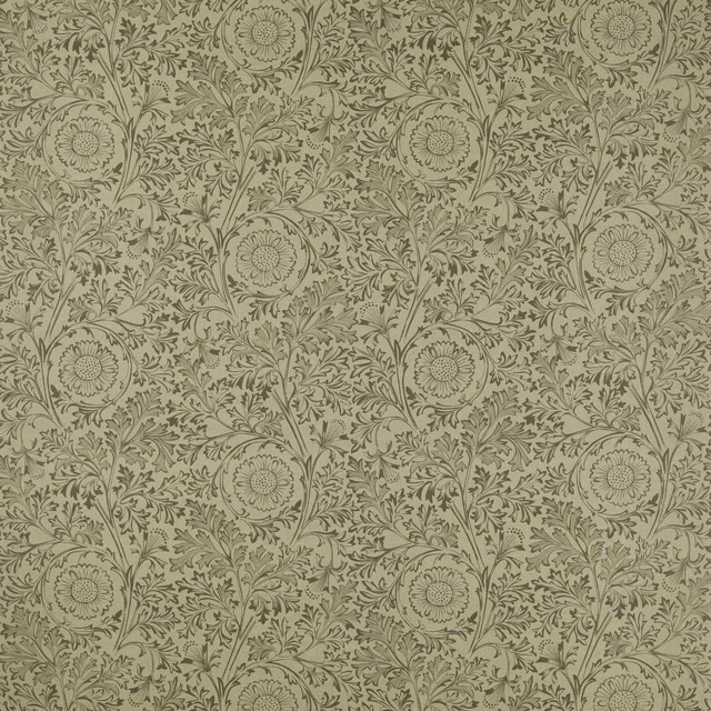 Muted olive botanical flowers and curling leaves on a chamomile beige fabric ground