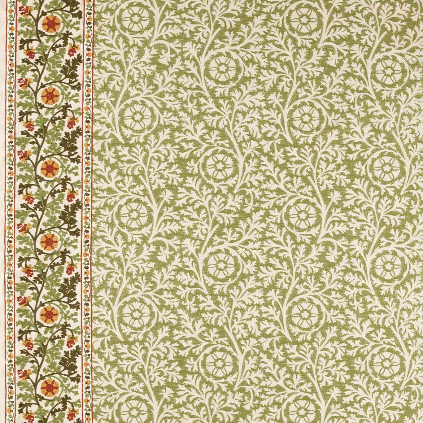 Muted olive-green floral rosettes with cream foliage and a red-accented border