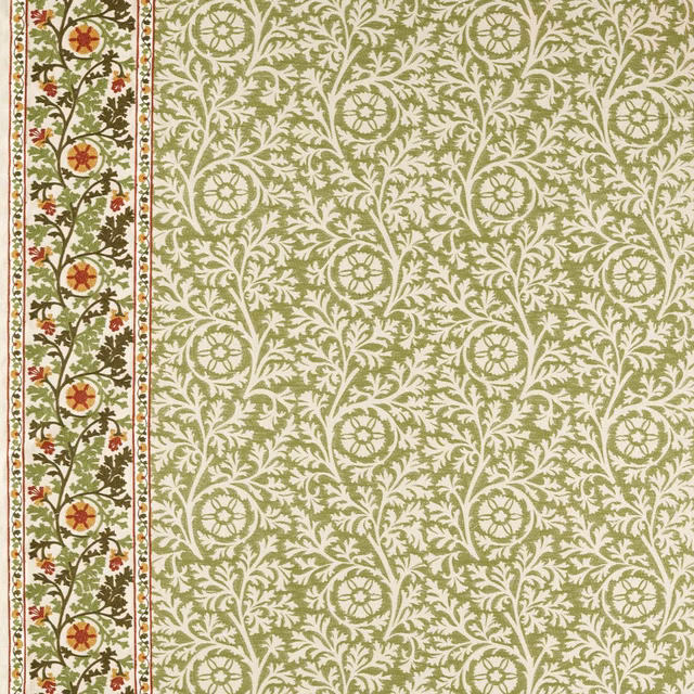 Muted olive-green floral rosettes with cream foliage and a red-accented border