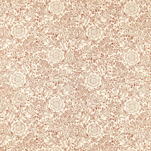 Cream fabric with russet rosette blooms and densely curling botanical stems