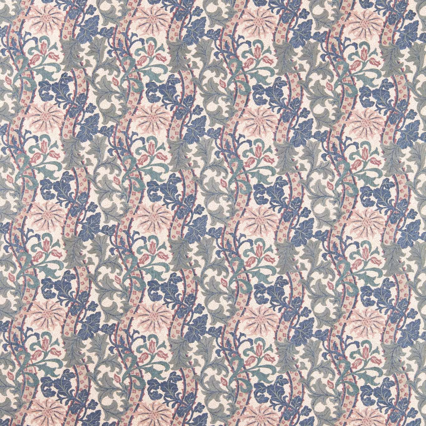 Ivory floral textile with indigo leaves, plum petals and softly raised woven texture