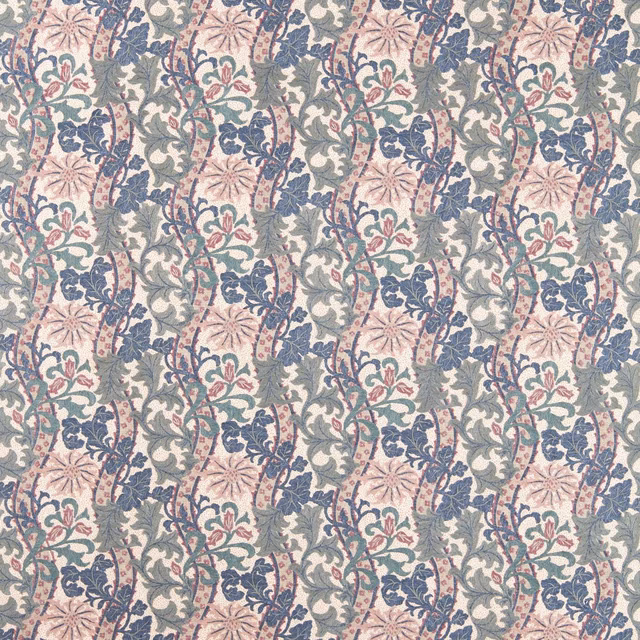 Ivory floral textile with indigo leaves, plum petals and softly raised woven texture
