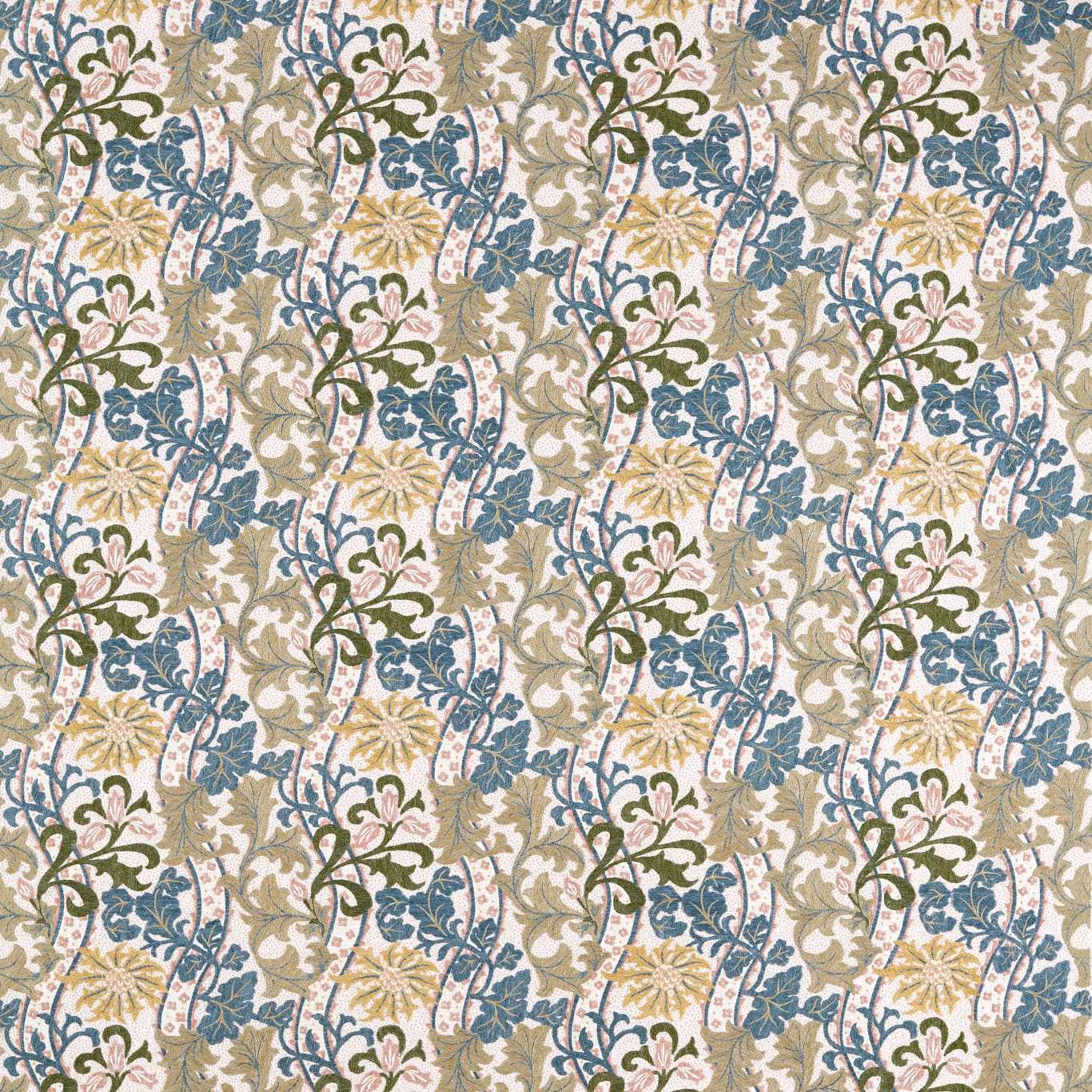 Lemon ground fabric with blue cornflowers and nettle-green scrolling foliage