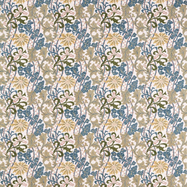 Lemon ground fabric with blue cornflowers and nettle-green scrolling foliage