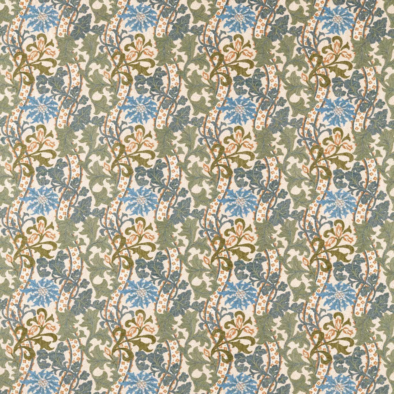 Woad-blue cornflowers and forest leaves with ochre stems on an ivory ground