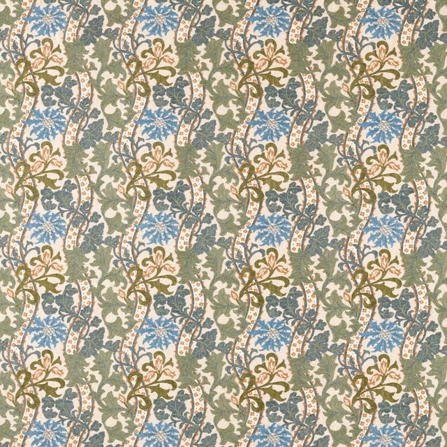 Woad-blue cornflowers and forest leaves with ochre stems on an ivory ground