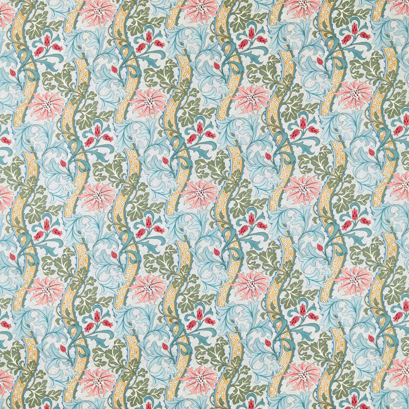 Pale cornflower floral fabric with sage leaves, coral flowers and ochre curling stems