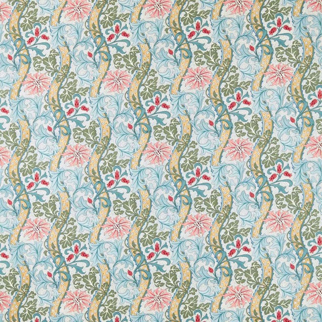 Pale cornflower floral fabric with sage leaves, coral flowers and ochre curling stems