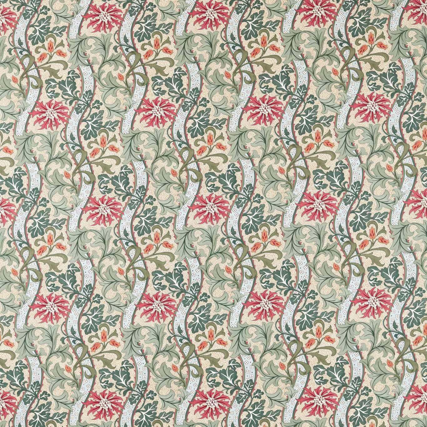 Sage botanical fabric with russet flowers and forest-green scrolling foliage