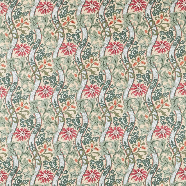 Sage botanical fabric with russet flowers and forest-green scrolling foliage