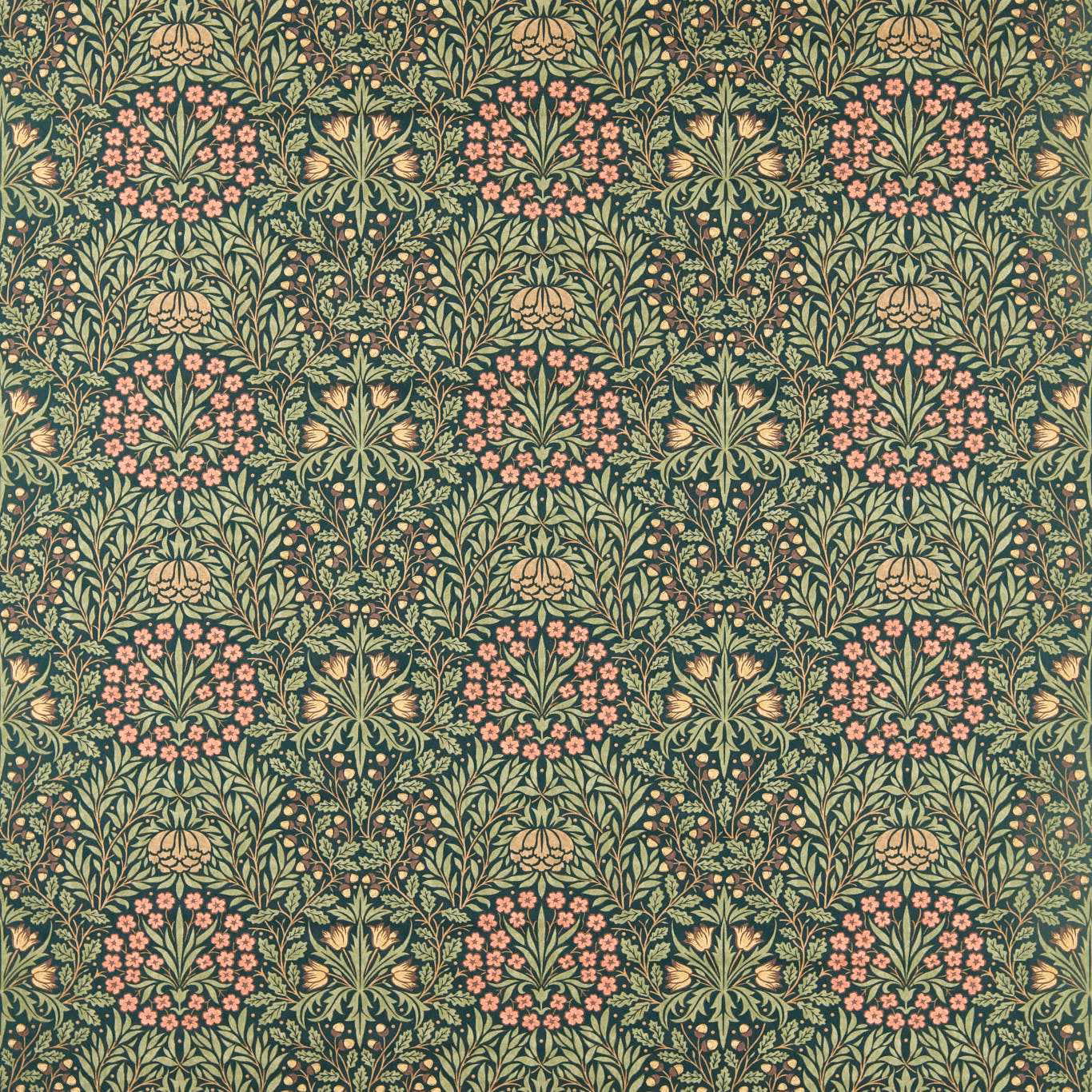 Dense forest-green botanical fabric with blush flowers, ochre blooms and sage curling leaves