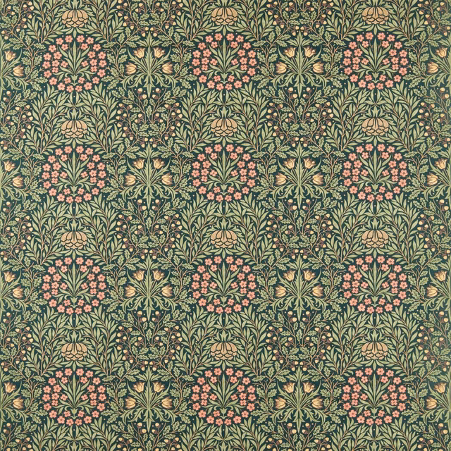 Dense forest-green botanical fabric with blush flowers, ochre blooms and sage curling leaves