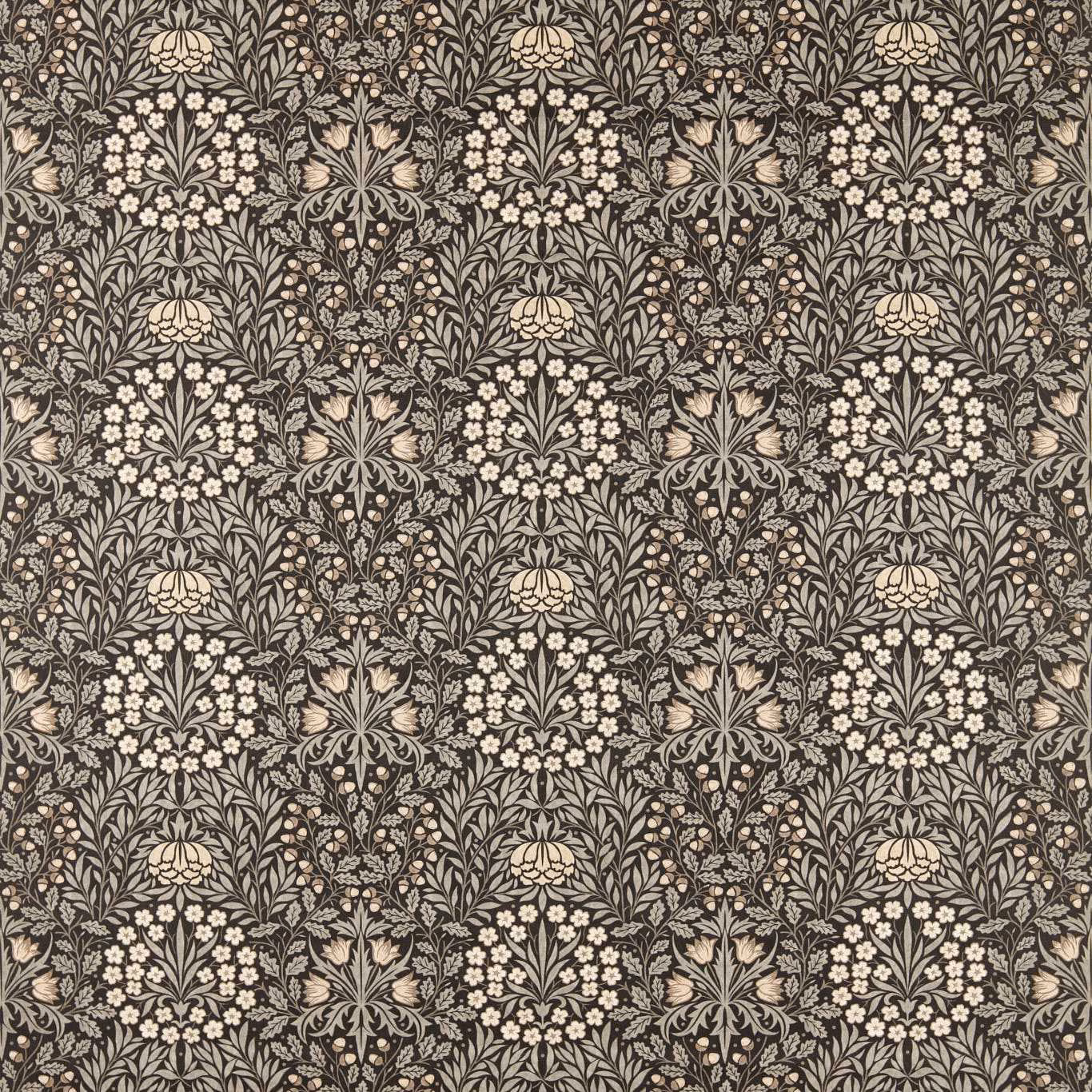 Ink graphite botanical fabric with cream flowers and dense scrolling foliage