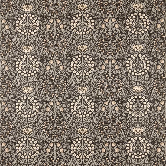 Ink graphite botanical fabric with cream flowers and dense scrolling foliage