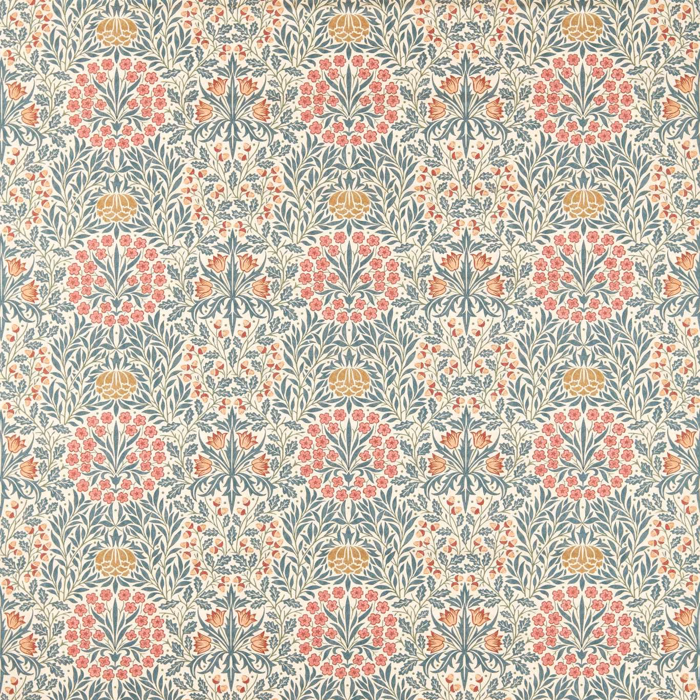 Cream fabric with teal foliage, coral flowers and ochre botanical repeats
