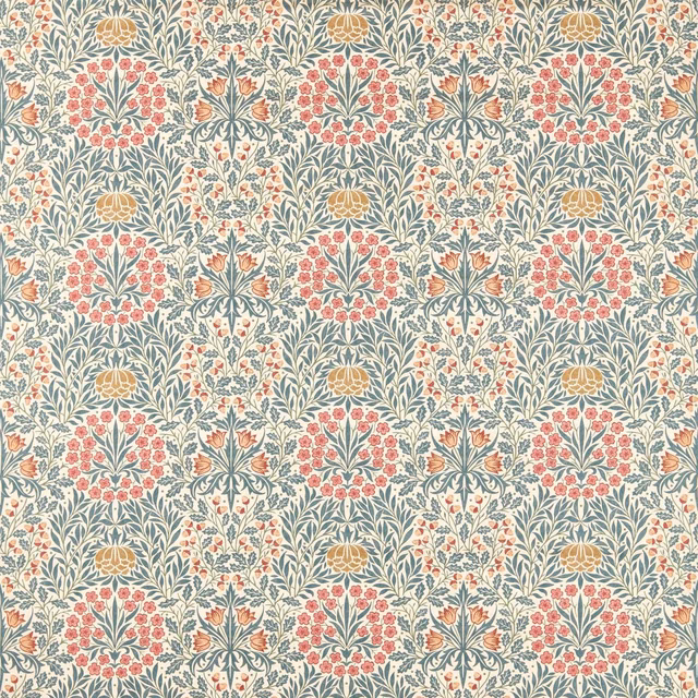 Cream fabric with teal foliage, coral flowers and ochre botanical repeats