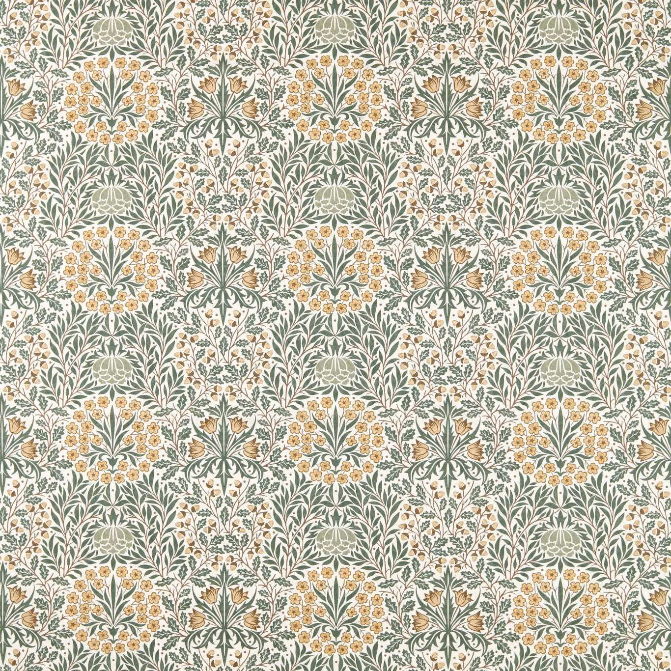 Sage green Daisy & Oak floral repeat with cream leaves and golden weld flowers
