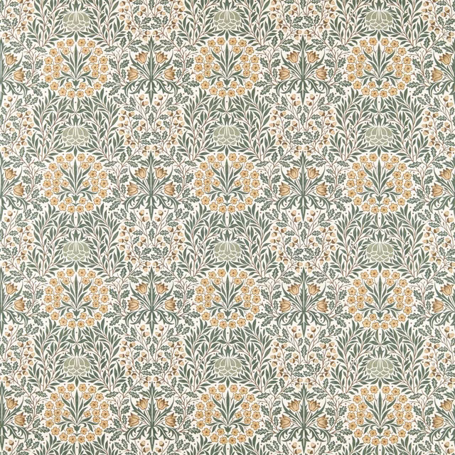 Sage green Daisy & Oak floral repeat with cream leaves and golden weld flowers
